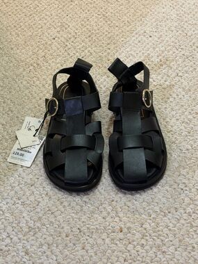 Zara Black Woven Strap Sandals with Gold Buckle
